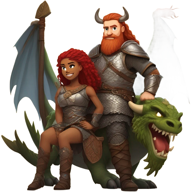 Viking red head beautiful  dragon  queen with a killed Viking solder with a man bun laying down on a dragon  emoji