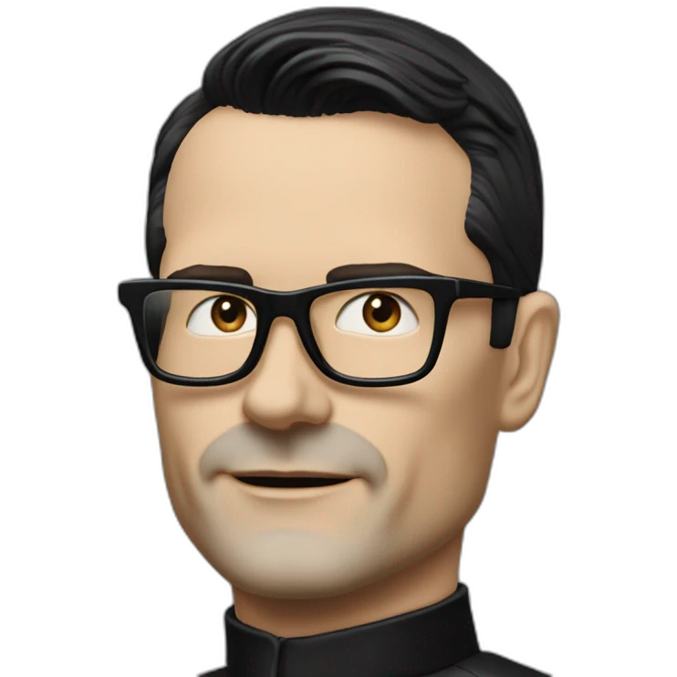 small photo realistic Ralf Hutter from Kraftwerk, short straight black hair, Dark Brown eyes, black glasses, lean, black shirt, riding a Tesla emoji
