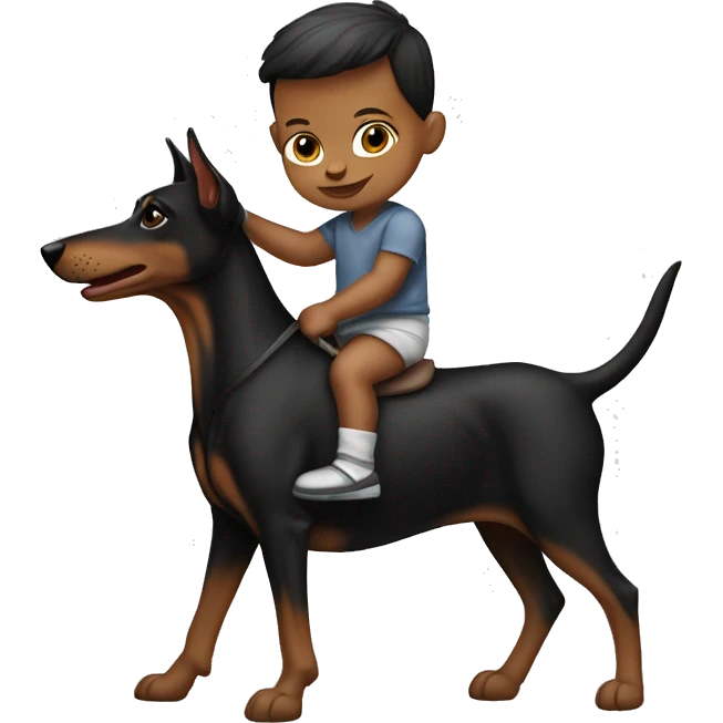 A white newborn baby boy riding a Doberman like a horse emoji