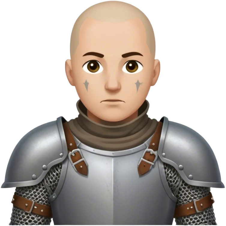 medieval battle armor worn by a DnD themed fantasy character. basic full plate cuirass with leather straps and a chainmail coif. armor only above the waist. The armor full waist. The character's haven't arms. character is shaved head gray eyes scarred face light-skinned man. emoji