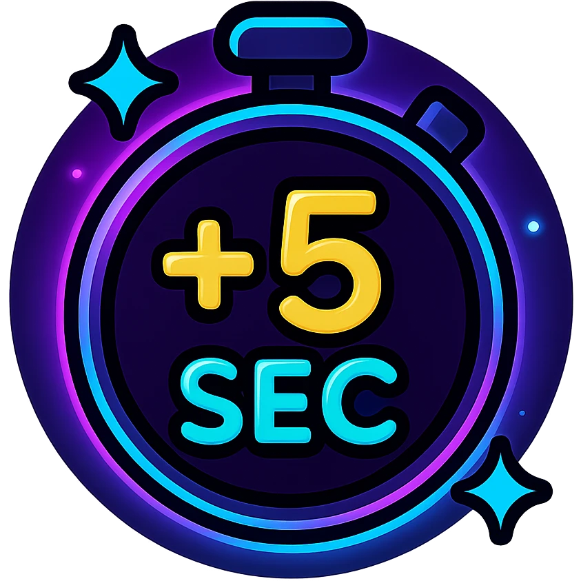 +5 sec icon with dark purple, blue, and black base, bright accents, complex gradients, stars, bright neon border, modern clean +5 seconds symbol, glow and lighting effects, sophisticated futuristic icon style emoji