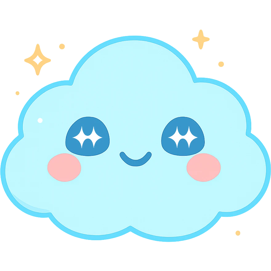 chibi cloud character, extra round and puffy, smiling with closed eyes, pastel sky blue, sparkles, soft glow, kawaii vector sticker emoji