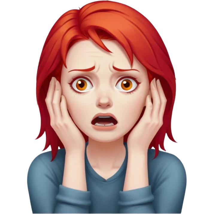 of a white woman with bright red hair, visibly distressed and clutching her neck with both hands, her face conveying a strong sense of panic and fear emoji