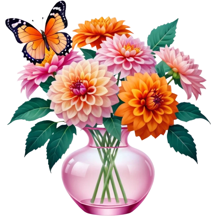 4k quailty, 8000x8000px resolution, hyperrealism, ultra detailed, very full lush Dahlias in bright and vivid colors with blooming petals, in a crystal translucent pale pastel pink vase, with silk ribbon around vase. Orange butterfly resting on flower. Still life, masterpiece  emoji