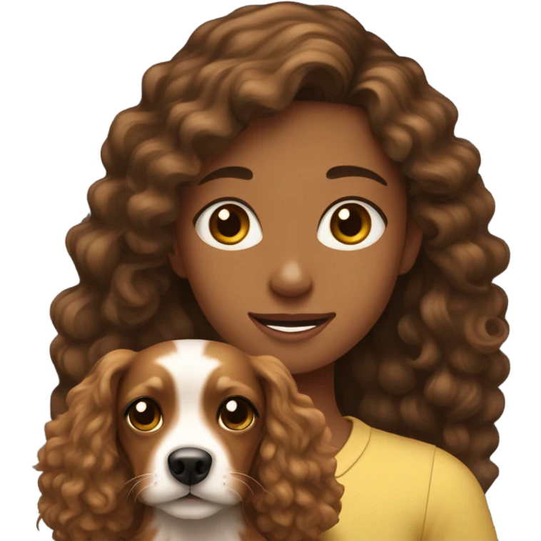 curly long hair girl with brown eyes and brown hair with yorkshire mixed pincher dog emoji