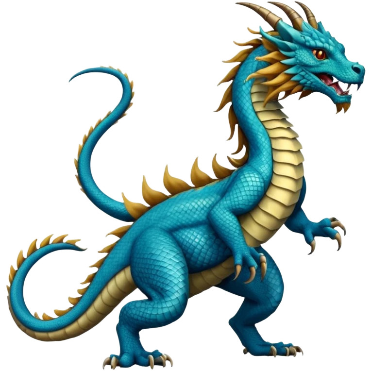 Mušḫuššu, official blueprint: long scaled dragon-serpent body, lion forelegs with feline paws, bird-like hind legs with talons, long neck, dragon head with horn or crest, lizard tail, blue or turquoise, lion-like mane, ancient and regal but terrifying emoji