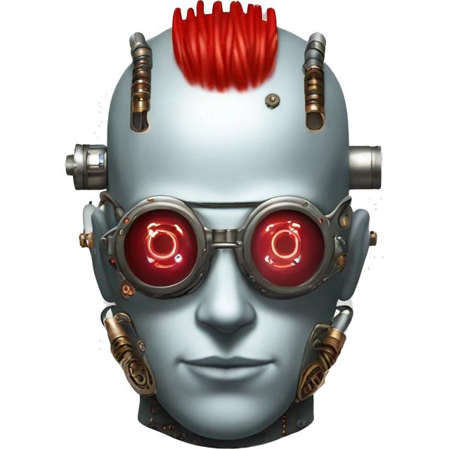Bald cyborg head with red Mohawk, silver steampunk goggles, red beard and circuits emoji