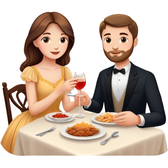 Elegant girl with a beautiful flowy dress and man eating dinner together in Montenegro sunset holding hands  emoji