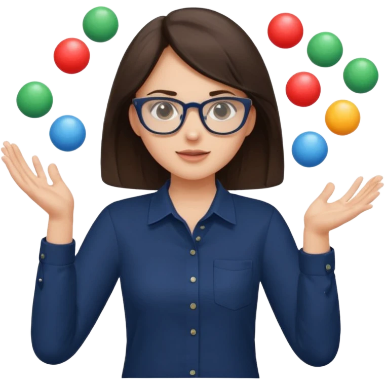 a brunette girl in a navy shirt wearing glasses is  juggling  with two hands  emoji