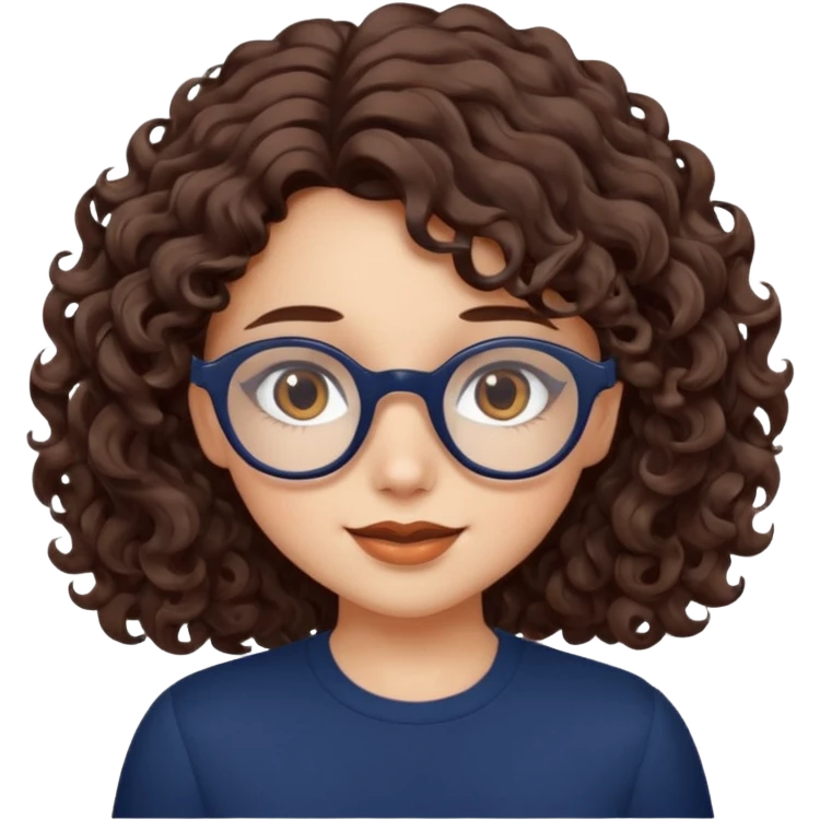 medium fair-skinned girl with brownish hazel eyes, roundish ovalish dark navy glasses, wavy curly choco brown hair, winking emoji