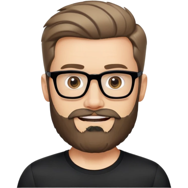 Caucasian man with complete beard, short hair styled up, large black eyeglasses, cheerful expression, black athletic shirt emoji