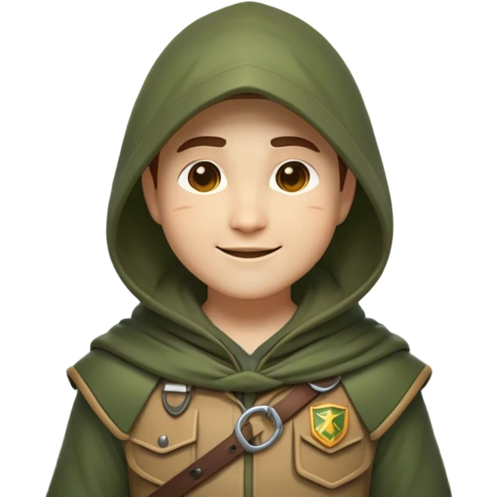Clash of Clans aesthetic Cheerful Ranger Portrait Emoji, With a bright, confident expression and an alert, relaxed stance, showcasing a streamlined, rugged build in natural tones with a hood and cloak blending with the forest, his face in natural skin tone, Simplified yet expressive features, highly detailed, glowing with a soft, luminous woodland radiance, high shine, upbeat and brave, stylized with an air of classic forest heroism, soft glowing outline, capturing the essence of a cheerful ranger ready to embark on epic woodland quests! emoji