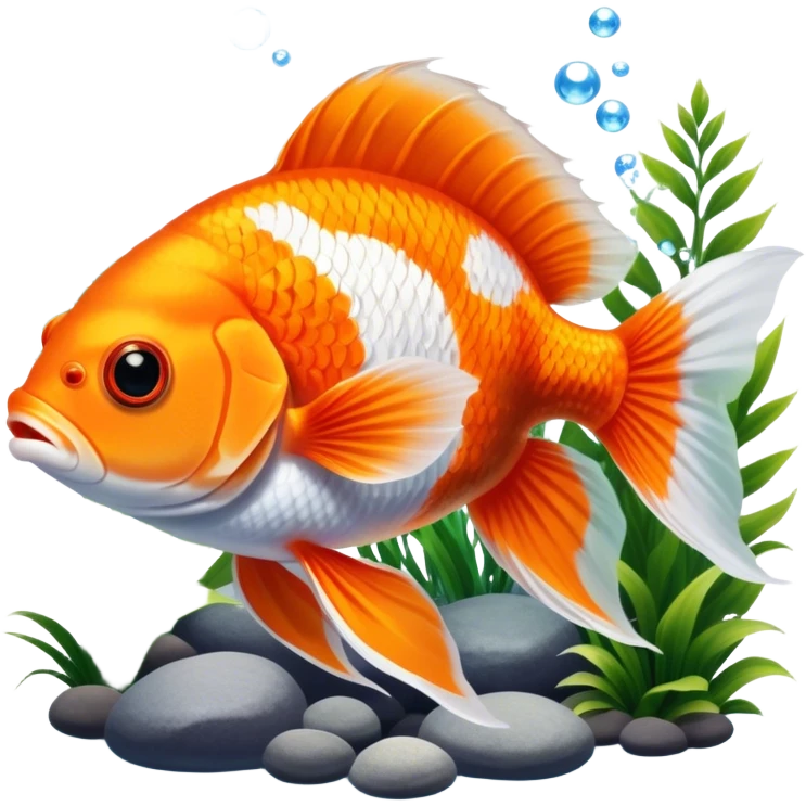 Large aquarium fish like veil tails and lionhead goldfish swimming gracefully in a beautifully decorated aquarium. Colorful aquatic plants, smooth rocks, and gentle bubbles surround the fish. The water shimmers in sunlight, creating a peaceful and vibrant underwater scene. Transparent background. emoji
