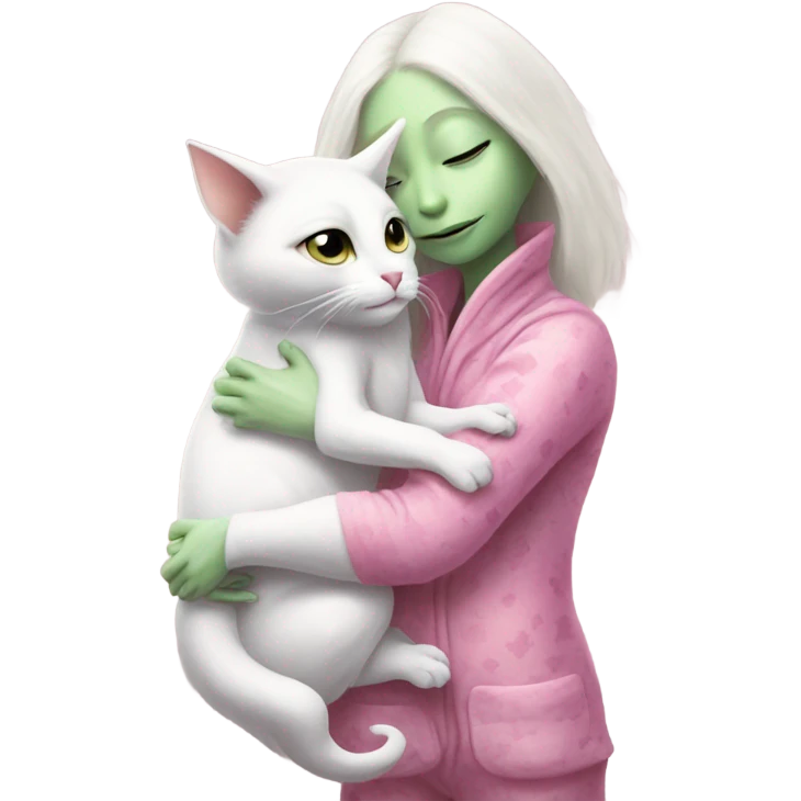Reptilian alien woman meditation pink pajamas, hugs a white cat emoji