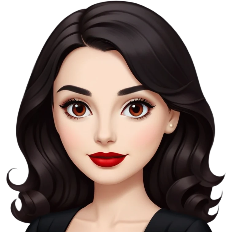 Distinguished actress with bright complexion, long dark hair with soft waves, large expressive dark eyes with classic makeup, defined brows, red lipstick, wearing elegant black dress, confident professional smile emoji