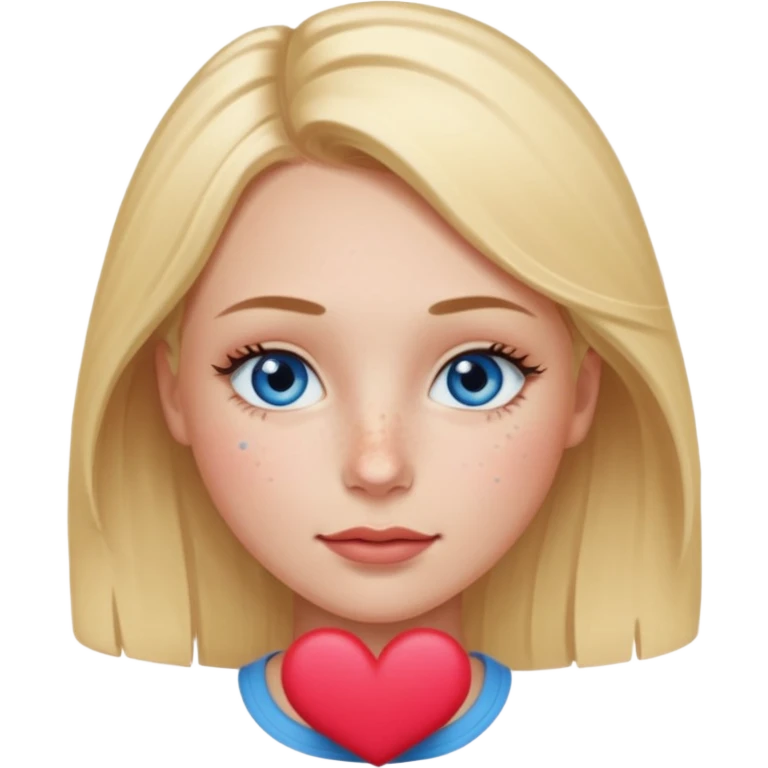Una ragazza con ciglia lunghe occhi azzurri capelli biondi labbra sottili ma a cuore guance rosacee e lentiggini sul naso emoji