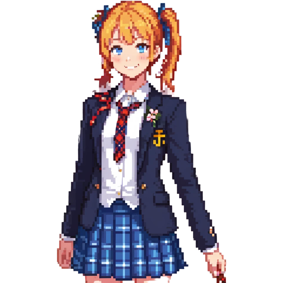 cheerful high school girl with orange side ponytail and yellow ribbon, blue eyes, navy blazer, red ribbon, blue plaid skirt, standing in a school courtyard with cherry blossoms, spring breeze, energetic smile emoji