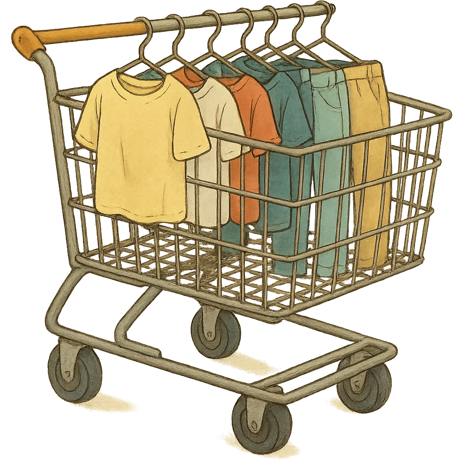 ghibli style shopping cart with hanging shirts and pants emoji