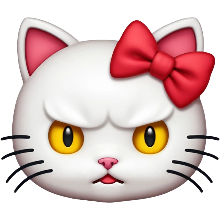 An iOS-style emoji of Hello Kitty feeling angry, with her signature red bow, white cat face, no mouth, black eyes, and yellow nose. Maintain the original Hello Kitty character design. Transparent background.  emoji