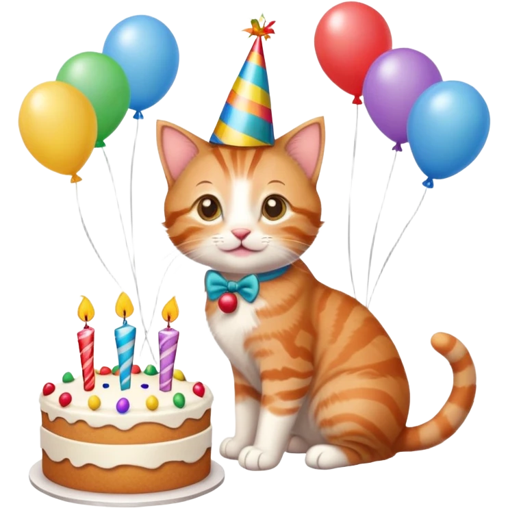 Ginger tabby kitten celebrates birthday, birthday hat, birthday cake, balloons, happy, gifts emoji