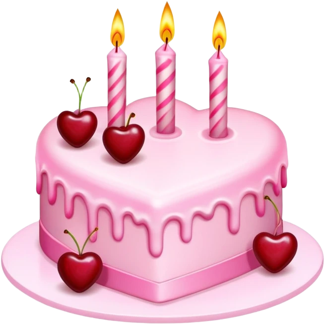 Pink heart shaped birthday cake with cherries and candles emoji