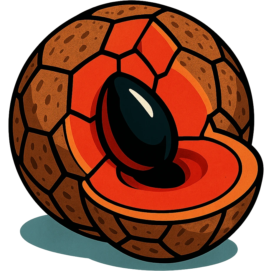 mamey fruit shaped like a soccer ball, rough brown shell, intense red flesh, black seed, clear illustrative style emoji