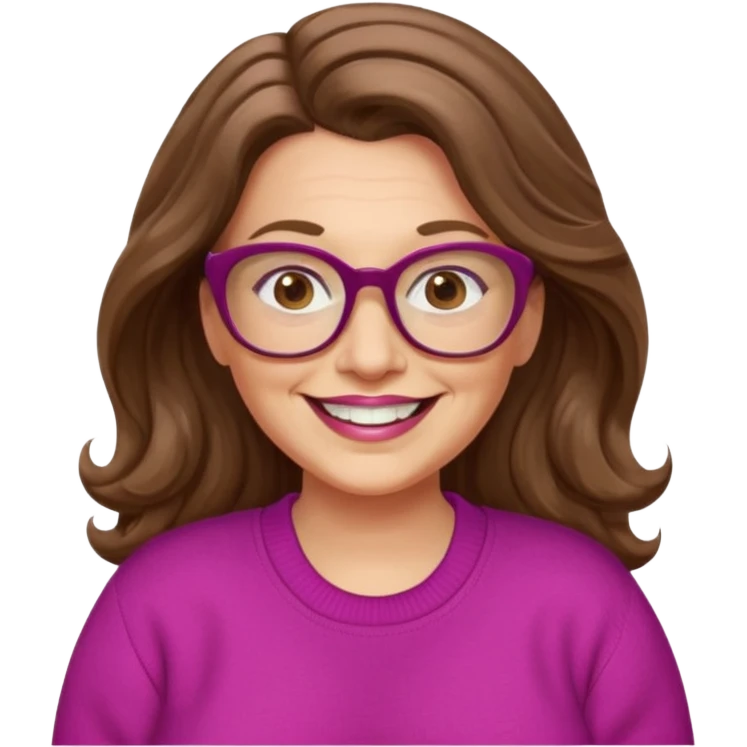 50 yr Caucasian woman, long brown hair parted on side, brown eyes, brown glasses, big smile, white teeth, fuscia sweater, chubby, wavy hair emoji