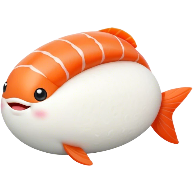 Cute Kawaii Nigiri Sushi, plump and happy, a soft white rice pillow topped with bright orange salmon, tiny blushing cheeks, big round eyes, a joyful floating expression! emoji