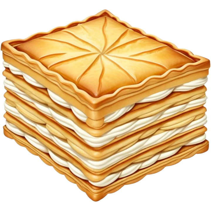 mille-feuille-cinematic-realistic-mille-feuille-dessert-emoji,-depicted-as-a-rectangular delicate-pastry-composed-of-two-crisp-layers-of-puff-pastry-with-a-rich-cream-filling,-rendered-with-intricate-textures-and-elegant,-soft-lighting. Please only show two layers only. emoji