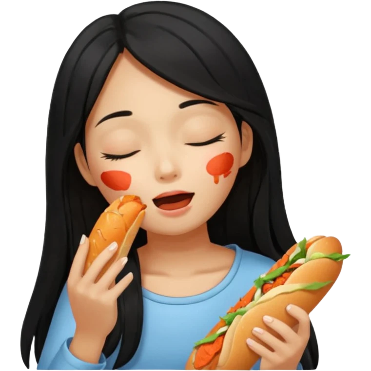 Girl black long hair eat kimchi close eyes baguette emoji