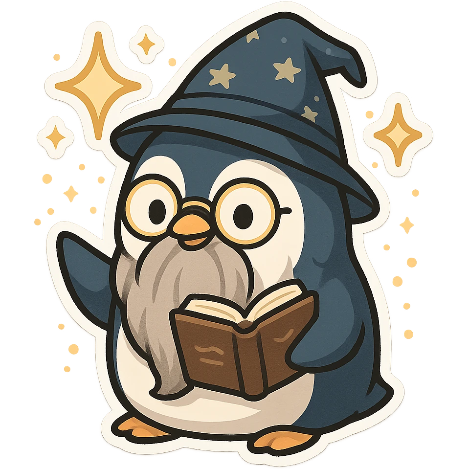 a cartoon penguin wizard with glasses, a long beard, and a spellbook, surrounded by magical effects emoji