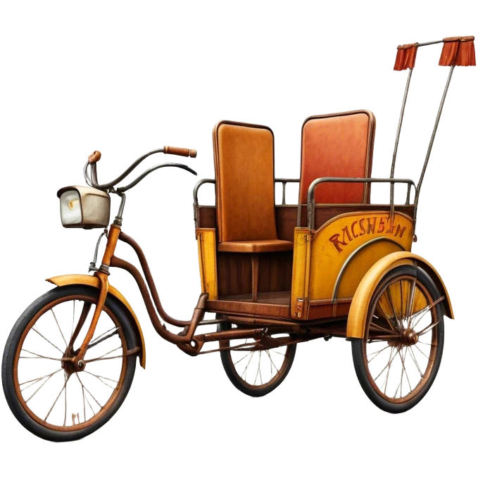 ​Cinematic Realistic Tricycle Rickshaw, depicted as a vintage manually operated vehicle featuring two front wheels and a single rear wheel, rendered with detailed rustic textures, vibrant colors, and dynamic urban lighting that captures its unique design and cultural charm, emoji