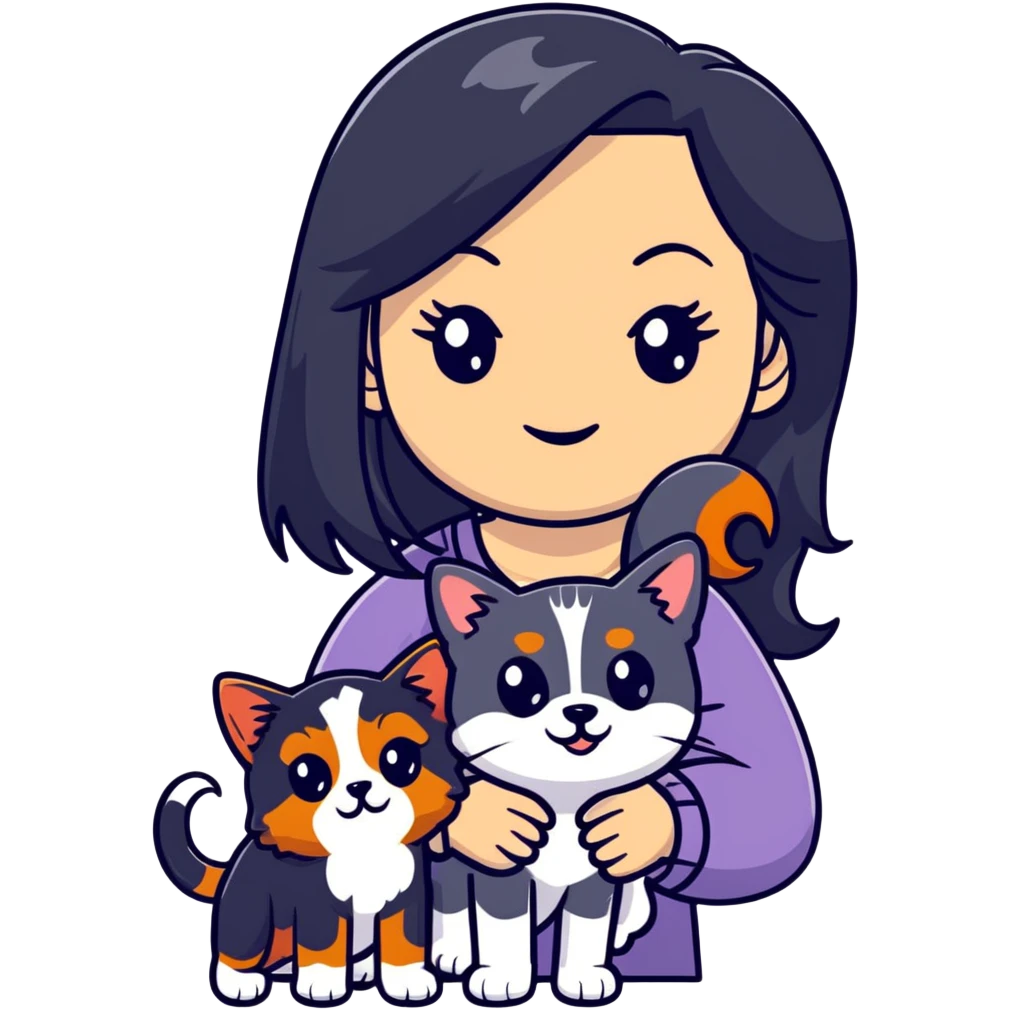 woman with long black hair holding an American Shorthair cat and a Cavalier King Charles Spaniel dog emoji