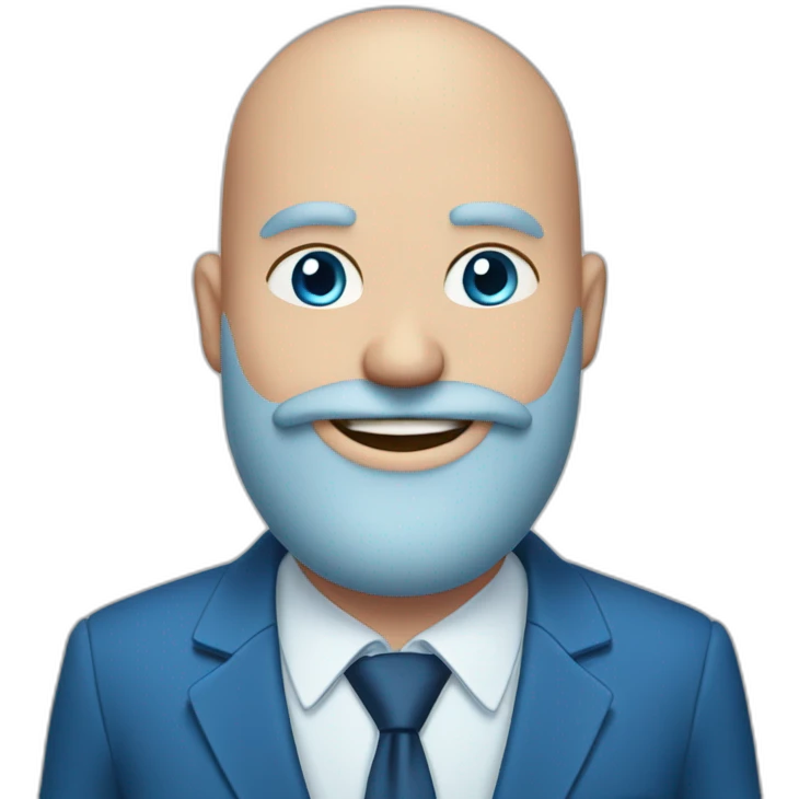 blue-eyed, plump, smiling bald man with a long beard in a blue suit emoji