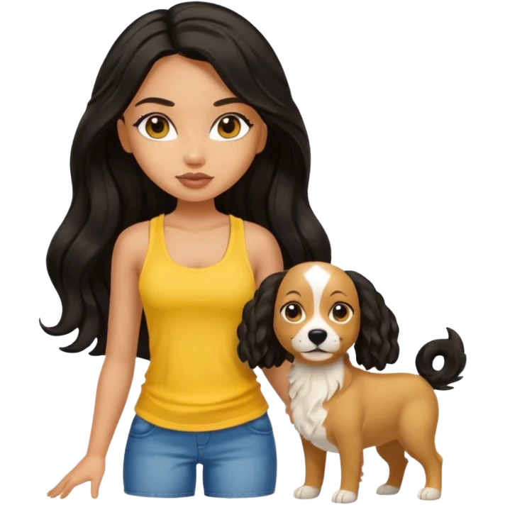 a tan pretty bratz girl with long wavy black hair, wearing a yellow tank top with a dog emoji