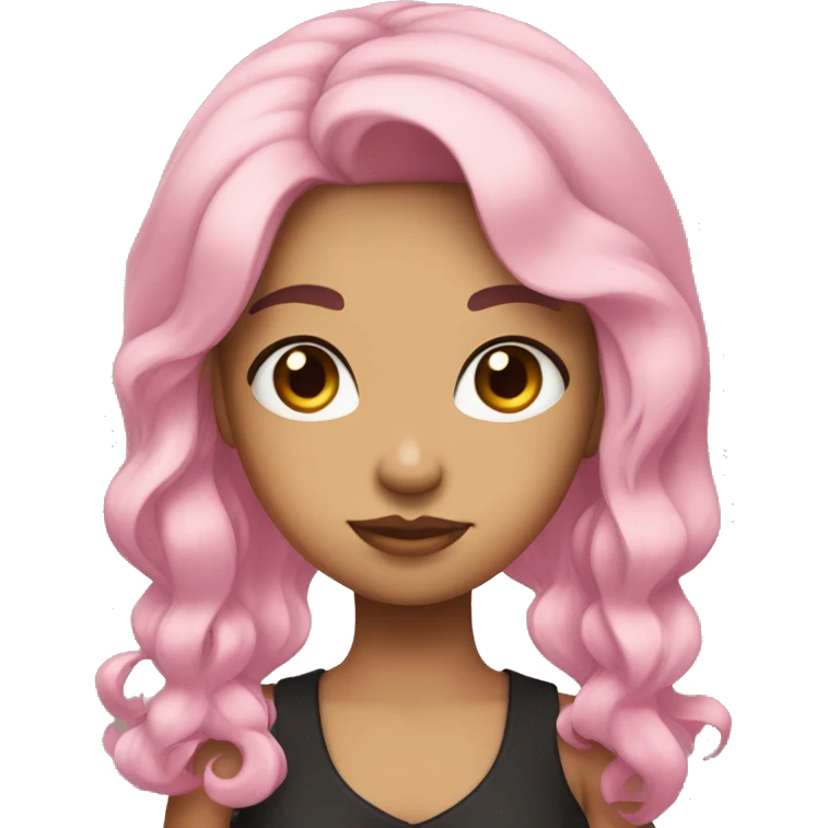 Girl with black hair , mad , her hair is not curly neither straight its ondulated hair , it's short and she has brown eyes and she has a bow that its pink on her hair emoji