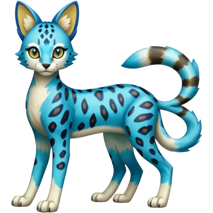 Colorful Meloetta-Sergal-Serval-Genet-Pokémon-Digimon-Fakémon-fusion-hybrid-creature with Cyan stripes and blue leopard-spot-markings  emoji