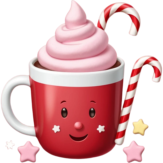 hot chocolate with pastel pink marshmallows in red christmas mug with stars and candy cane, trendy aesthetic emoji