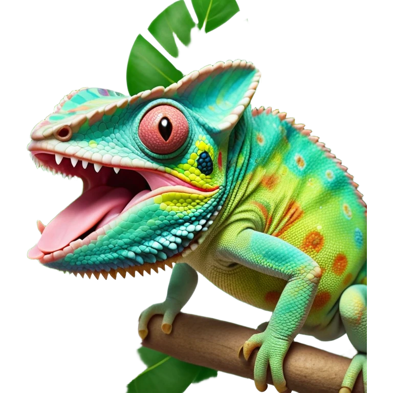 cinematic giant-tongue out chameleon-realistic emoji, mouth wide open with tongue out, -blending-with-vibrant-greenery.-detailed-scales-in-shifting-colors,-showing-the-chameleon’s-ability-to-camouflage.-soft-natural-light-highlights-its-texture.-light-background, zoomed into its face emoji
