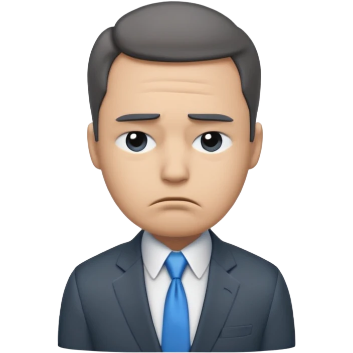 emoji character wearing a dark grey suit, white shirt, and blue tie. face has a very sad, disappointed expression with drooping eyebrows and half-closed eyes His posture is dejected, with slumped shoulders. he just rejected from his interview to get a job emoji