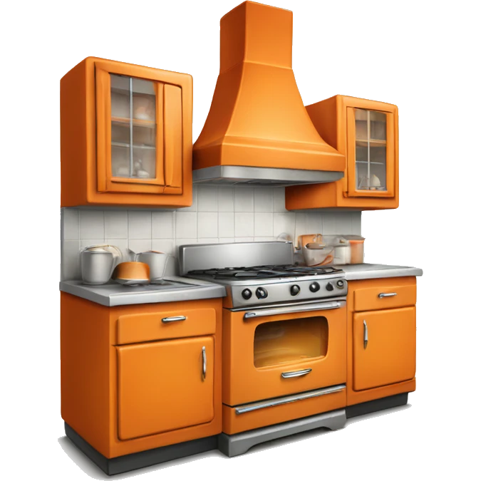 Isolated full length Realistic orange vintage retro kitchen range with cabinets and counters. emoji