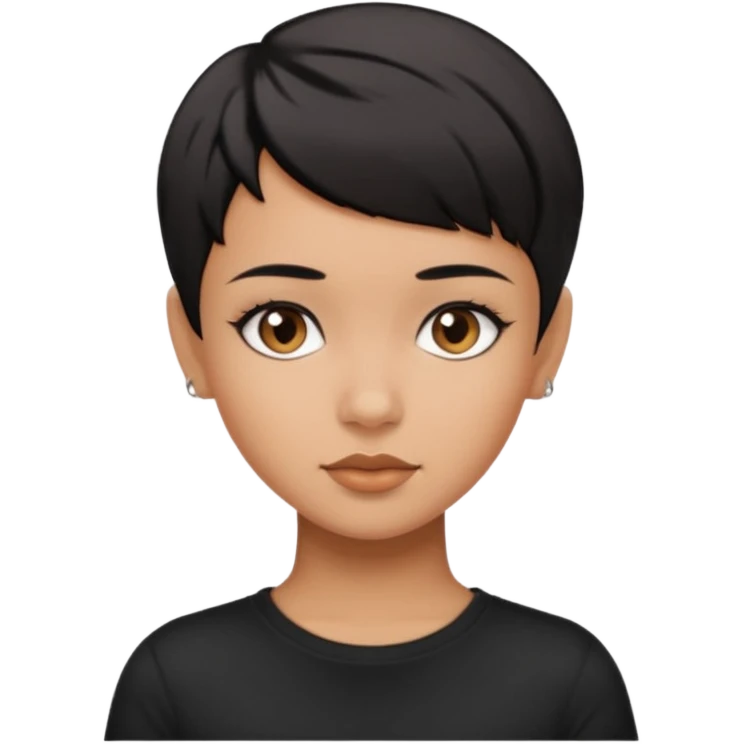 A girl with black short pixie haircut cut, dark brown eyes that almost look like black, caramel tone skin colour. Wearing a black t-shirt.  emoji
