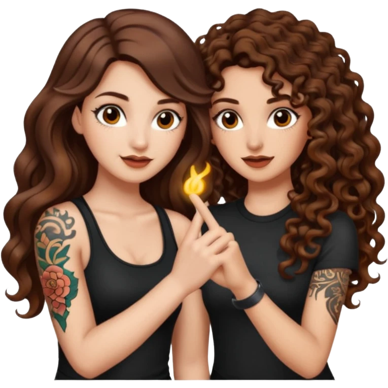 finger snap idea — long wavy brown hair tattooed woman and short tight curly brown hair woman — spark flash emoji
