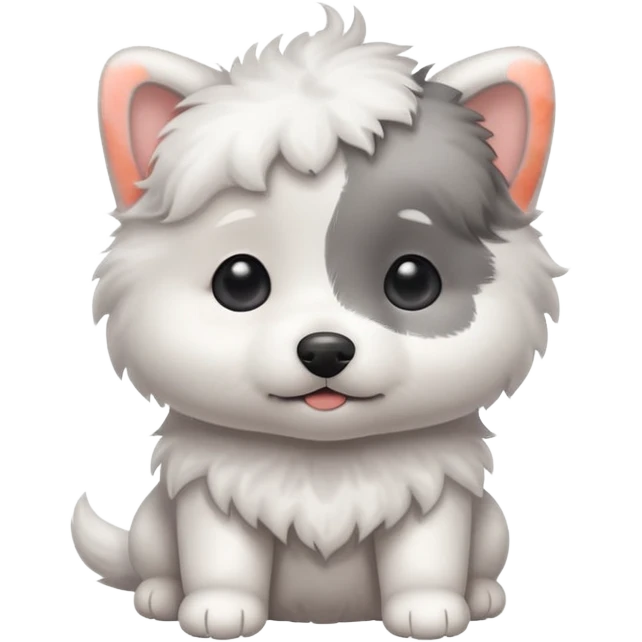 a white cute baby dog with a gray stain on one eye emoji