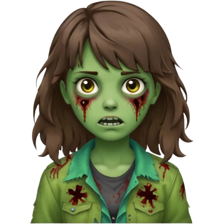 Uma menina zombie com um cabelo ondulado médio, com a franja pro lado esquerdo, o cabelo com cor castanho com a cor de pele verde  emoji