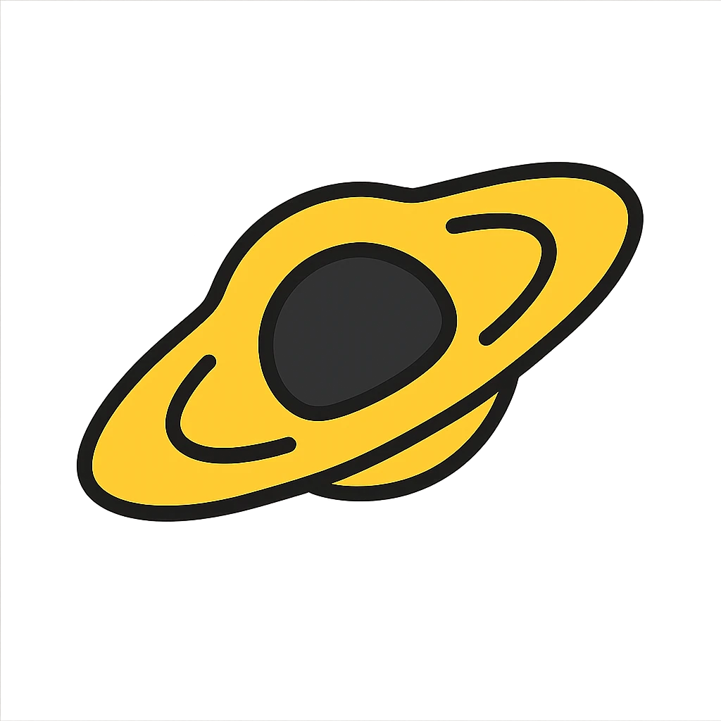 Enhance the black hole with a bright yellow accretion disk, making it more impressive and scientifically accurate with gravitational distortion. Maintain a clear icon style that is visually striking and astrophysically accurate, with no background. emoji