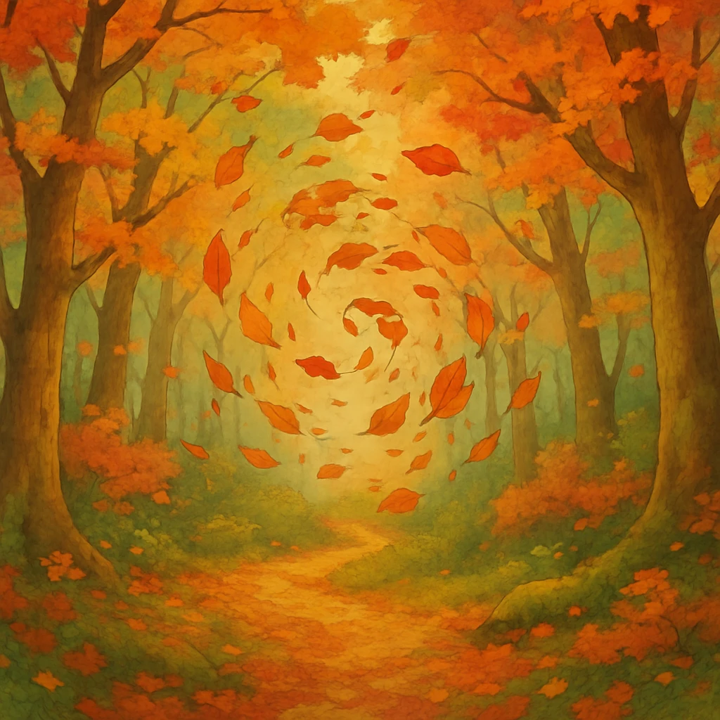 magical autumn forest with swirling colorful leaves emoji