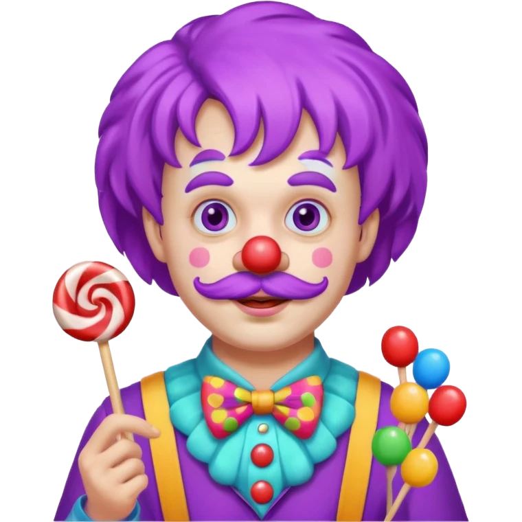 Funny clown — purple wig, mustache, candy in hand emoji