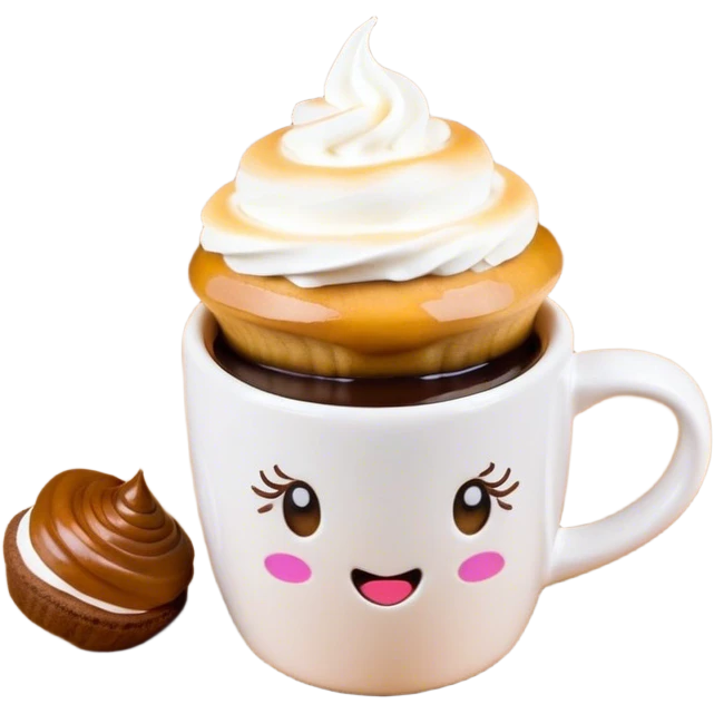 Crie um emoji no estilo do iOS 18 com uma caneca de café quente coberta com chantilly, com detalhes realistas e um design minimalista e polido. Além disso, crie um emoji de uma moça com cabelos longos e escuros, olhos amendoados castanho-escuro e vestindo um roupão branco. A expressão dela deve ser serena e acolhedora, transmitindo conforto e relaxamento. O estilo deve seguir o design moderno dos emojis do iOS, com cores suaves e detalhes bem acabados. emoji