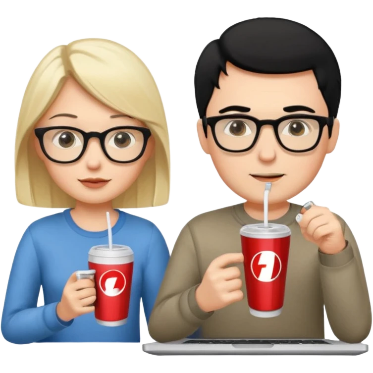 Hombre blanco con gafas, pelo negro tomando un refresco frente a un ordenador con ropa de sport, mujer rubia en la pantalla del ordenador tomando café emoji